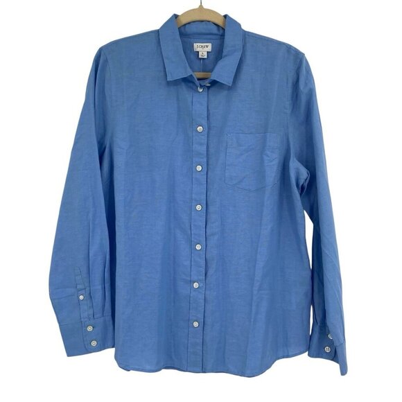 J.Crew Women's Size L Blue Linen Blend Button Up Long Sleeve Shirt NWT AL522 - Picture 1 of 10